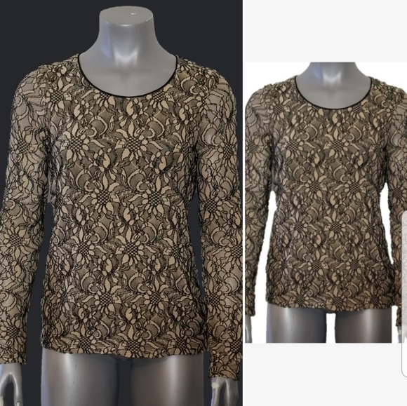 Chicos Beige Black Floral Net Lace Overlay Blouse - Picture 8 of 8
